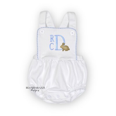 Baby boys easter sun bubble romper with embroidered stacked font monogram initials and bunny rabbit - image1